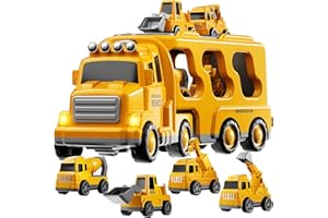 KIZONLY Construction Trucks Toys for 2 3 4 5 Years Old Boys - 5-in-1 Carrier Transport Vehicle Truck for Toddlers 2-4 Years with Crane, Mixer, Pushdozer and Excavator, Car Toys Birthdays Gift