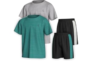 Essenclo Boys Clothing Sets Tagless Loose Athletic Performance Crew Neck T-Shirt and Short Outfits Size 3-16 (4 Piece Set)