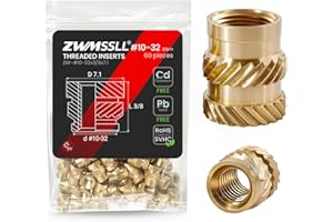 ZWMSSLL #10-32 Heat Set Threaded Inserts,60 Pieces 10-32x3/8x7.1-Inches Brass Heat Set Insert for Plastic Parts,UNF knurled Nuts,Insert by Heat into 3D Printing Components