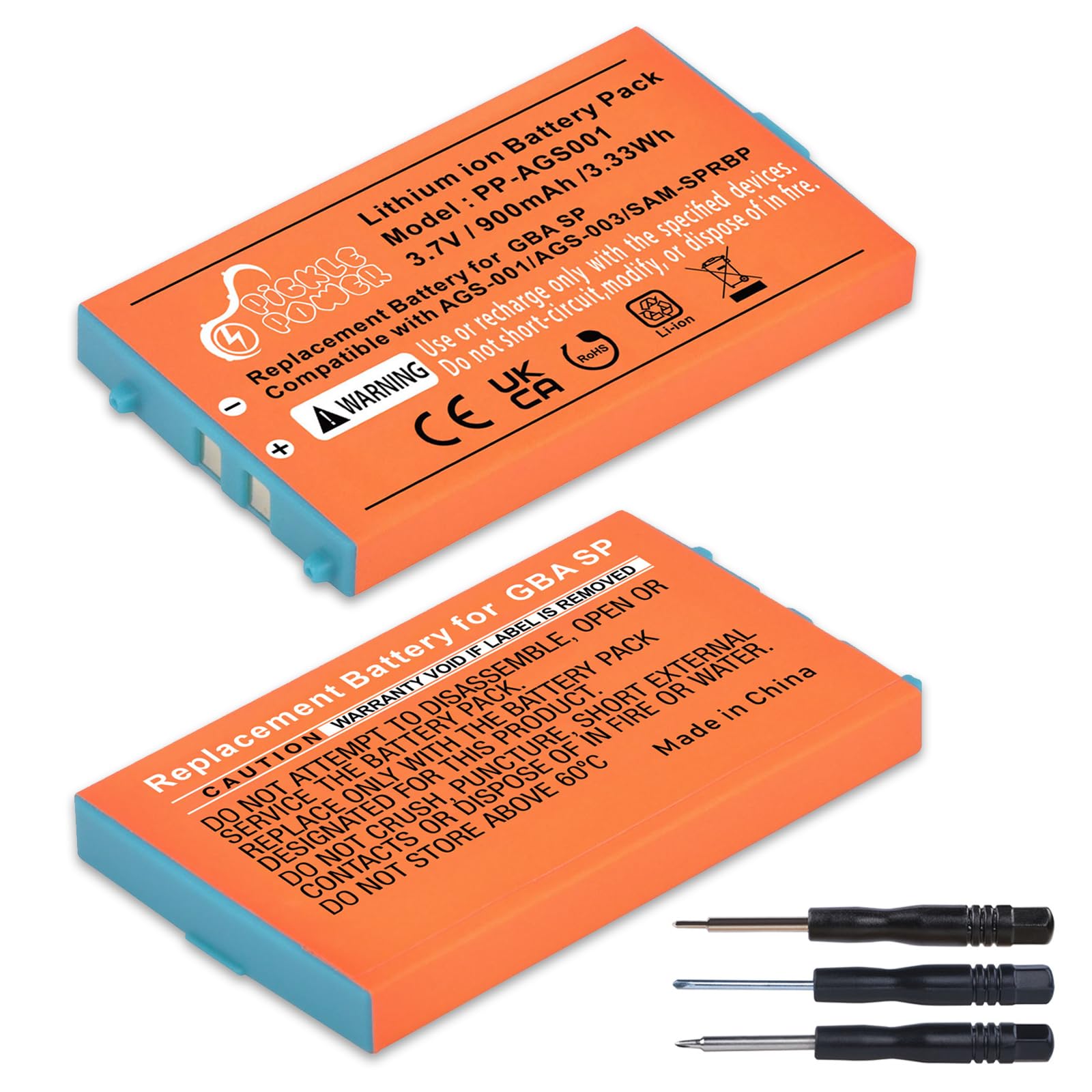 Gameboy Advance SP Battery, Pickle Power 2 Pack 900mAh Rechargeable Lithium-ion Battery for Nintendo GBA SP Gameboy Advance SP with Tool Kit