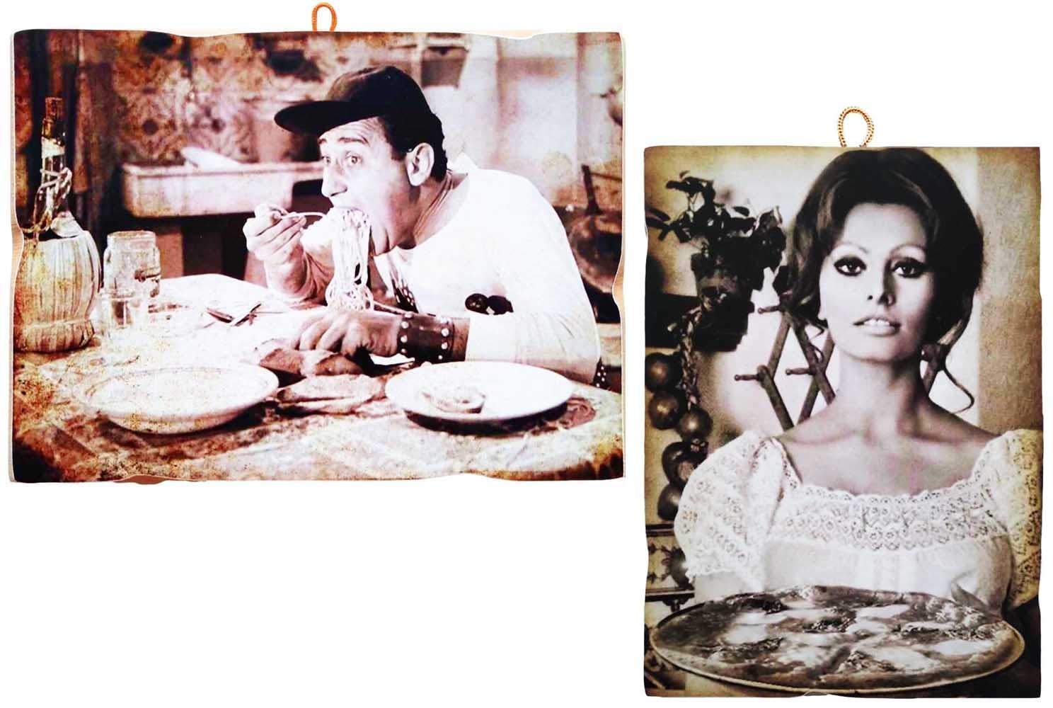 KUSTOM ART Set of 2 Vintage Style Paintings Famous Actors - Alberto Sordi and Sofia Loren Serving Pizza - Wood Print for Furniture Restaurant Pizzeria Trattoria Bar Hotel Inn