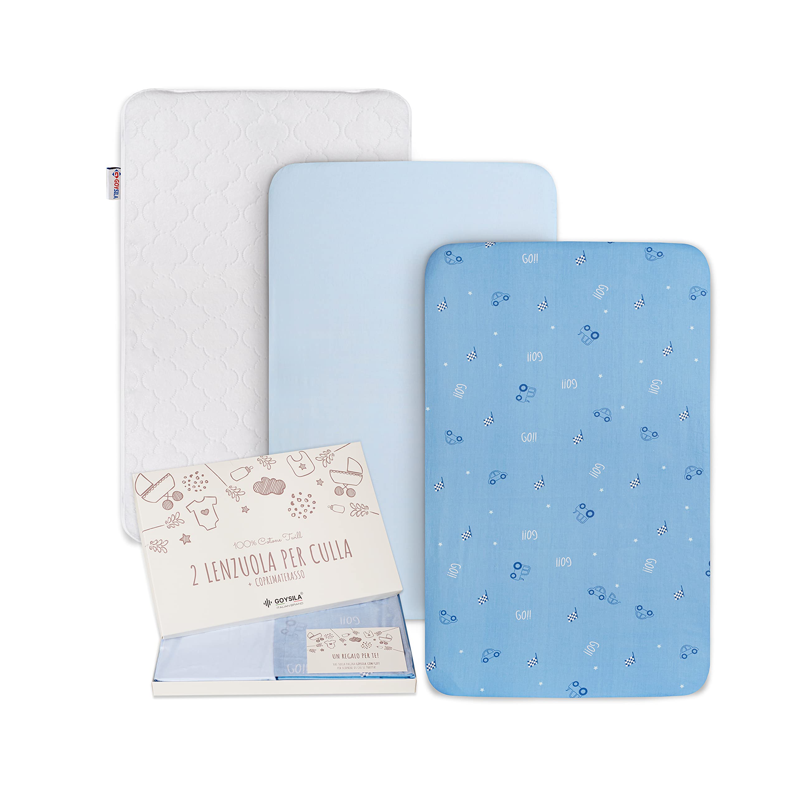 GOYSILA 3-Piece Set: 2 Fitted Sheets & 1 Mattress Topper (Cotton, Crib, Blue, Hypoallergenic), Compatible with Next2me, Kinderkraft One, Brevi Nanna Oh & more, OEKO-TEX Certified