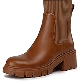 Athlefit Women's Chelsea Boots Fashion Slip on Platform Ankle Boots Lug Sole Chunky Booties