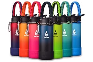Farsea Insulated Water Bottle With Paracord Handle, Protective Silicone Boot and 2 Lids (Straw Lid & Spout Lid), Stainless Steel Water Bottle Wide Mouth, Double Wall Sweat-Proof BPA-Free, 18 oz