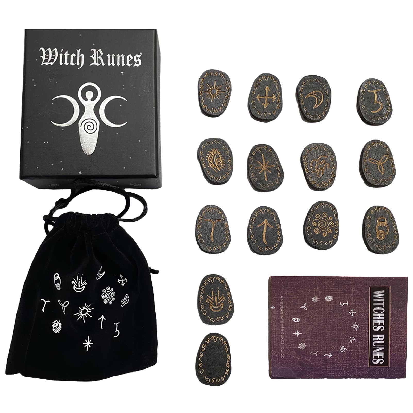 ANUFER 13 Pieces Wood Alphabet Engraved Witch Runes Magic Set with Velvet Pouch and Guidebook