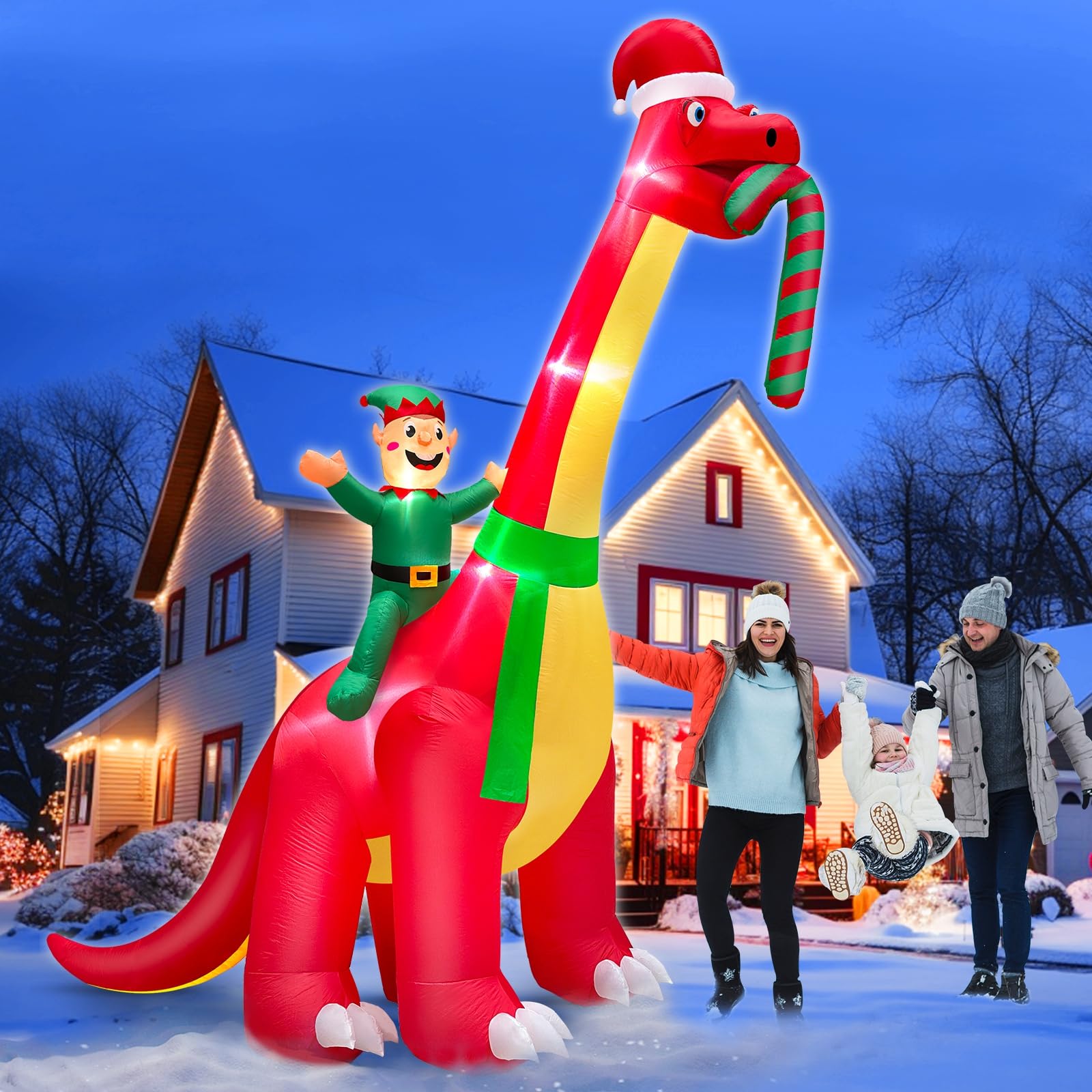 Photo 1 of 12 Ft Ht x 14 Ft L Giant Christmas Inflatables Santa Elf Ride Dinosaur Holding Candy Cane Christmas Blow Up Yard Decorations Built-in LEDs Christmas Decorations Outdoor Party Holiday Xmas Decor Lawn