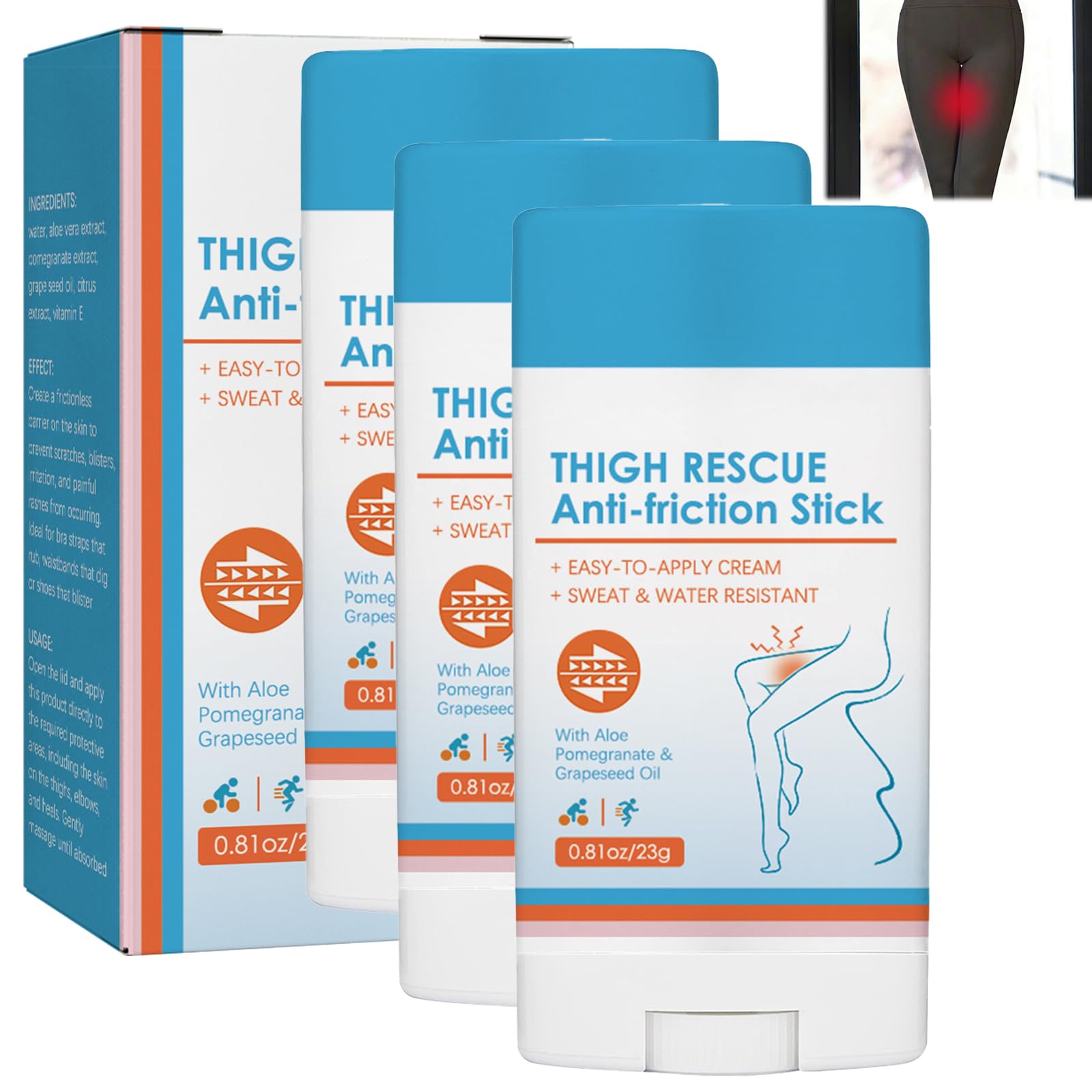 Nadiaen Anti Chafing Stick,Anti Chafe Balm,Anti Chafe Stick,Thigh Rescue Anti Friction Stick,Waterproof Glide Anti Chafing Stick,Running Chafe Stick for Heel,Lower Arm,Thigh,Legs (3 Pcs)