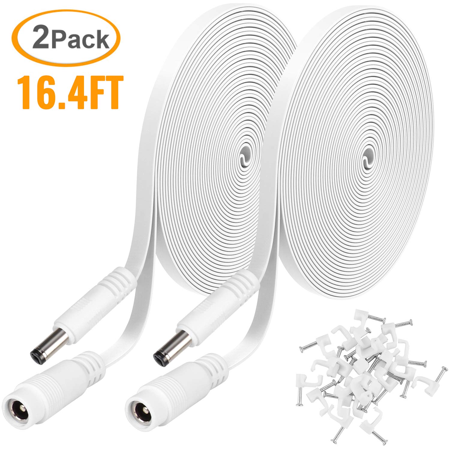 Uogw 2 Pack DC Power Extension Cable, 16.4ft 2.1mm x 5.5mm Extension Cord Compatible with 12V DC Adapter Cord for Security Camera CCTV IP Camera, LED, Car, Black