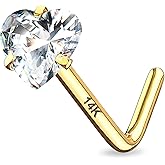 CM Crareesi Mania 14K Real Gold Nose Studs 20G Nose Rings Studs L Shaped Nose Rings for Women Men Diamond CZ Nose Piercing