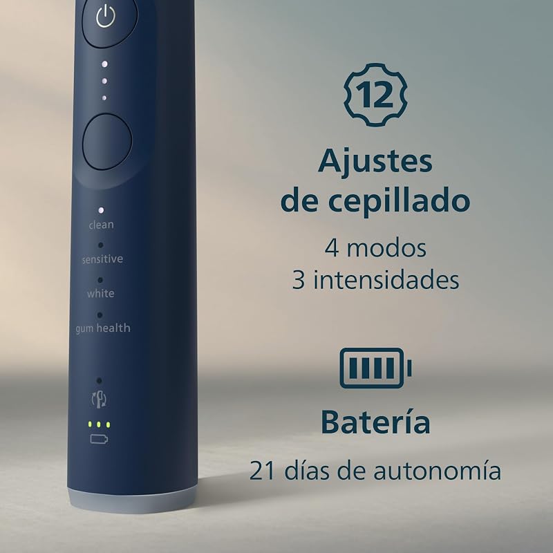 Sonicare 7100 cepillo dental eléctrico, sónico, 4 modos de cepillado, 3 niveles de intensidad, alerta de presión, EasyStart, SmarTimer, azul marino, HX7423/01 [Nueva Tecnología]