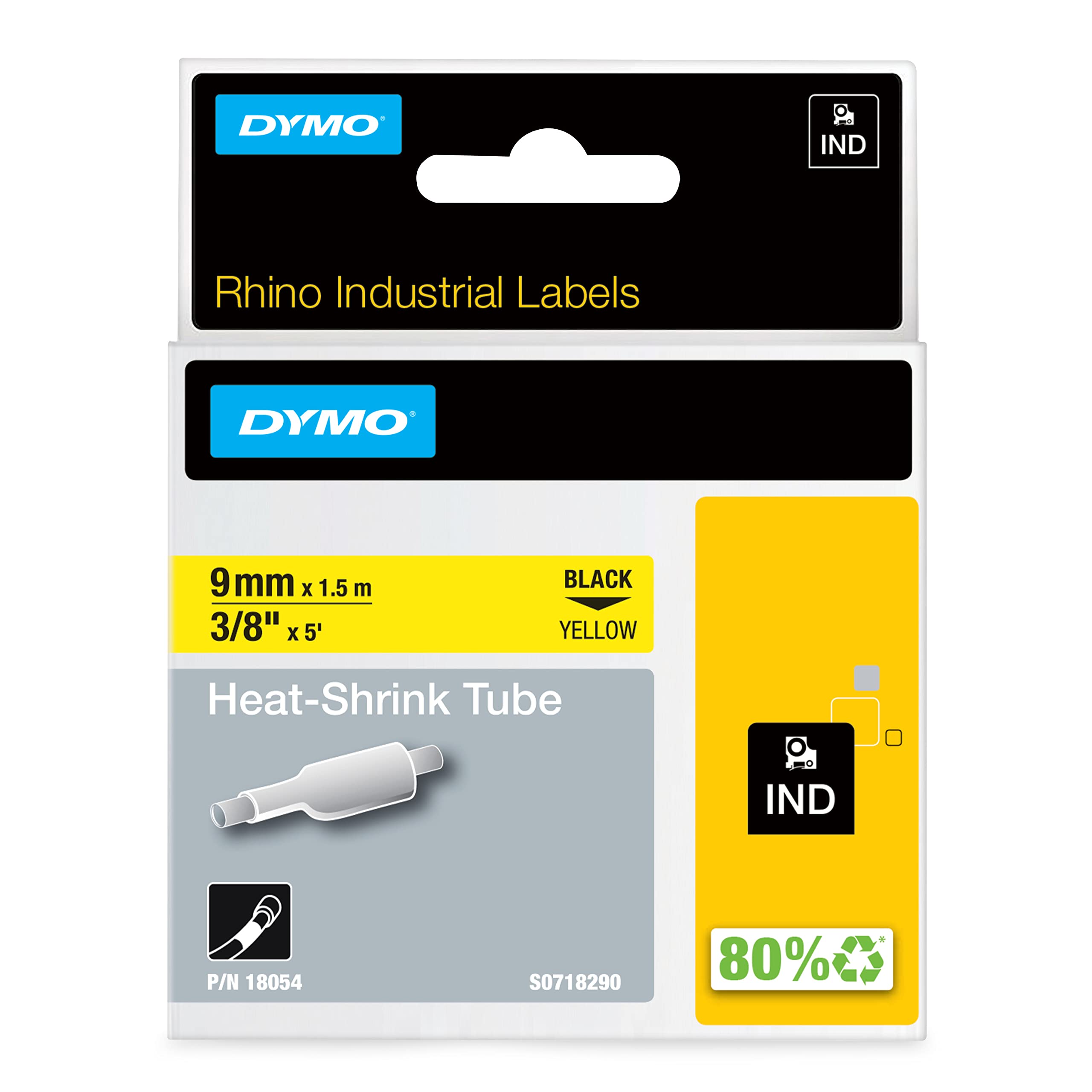 DYMO Rhino Industrial Heat-Shrink Cable Label Tubes | 9 mm x 1.5 m | Black on Yellow | for DYMO Rhino Label Makers