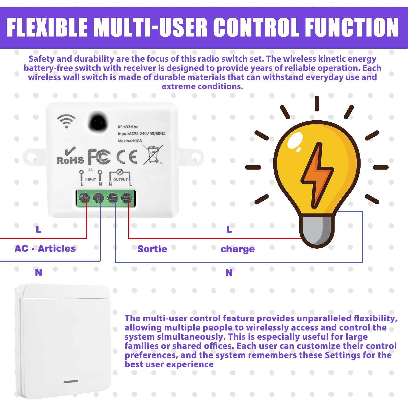 Funkschalter 230V Funk-Lichtschalter Set: WIYETY RF 433Mhz Funk Lichtschalter, Funk-Empfänger, Funkschalter Licht für Lampe, Reichweite von 30 Metern, für Lampen bis 1500W(2 Schalter 1 Empfänger) 4