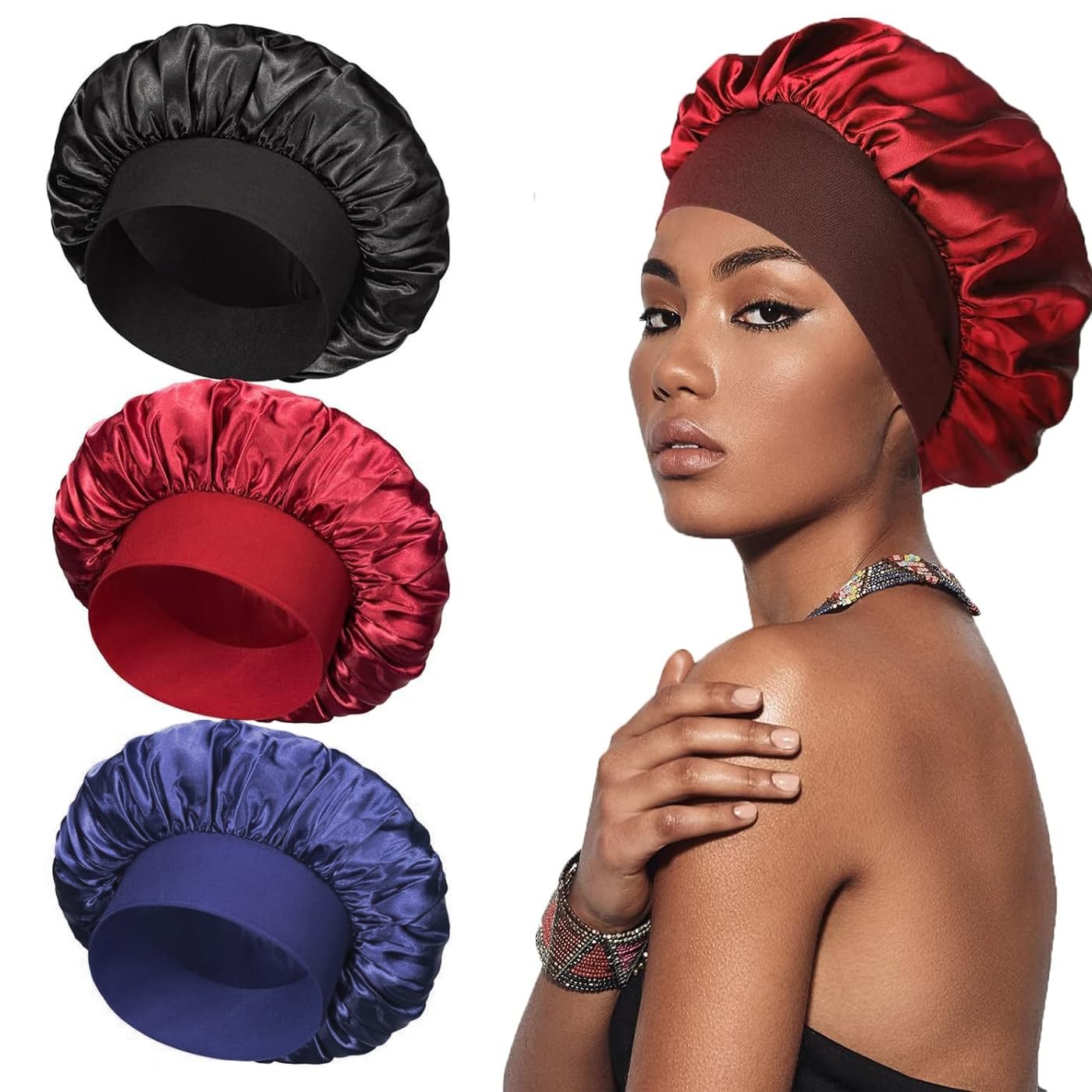 SSKHE 3 PCS Satin Bonnet,Night Hair Sleeping Caps,Hair Bonnet,Silk Bonnet,Sleeping Hair Hat,Satin Hat Curly Hair Nightcap,Loose Tight Band Nightcap for Long, Straight and Curly Hair. Multicolour