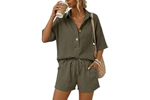 Short Sets for Women 2 Piece Summer Airport Outfits Cotton Linen Lounge Set V Neck T Shirt High Waisted Shorts Matching Set