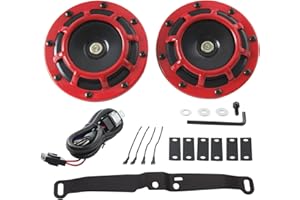 FARBIN Waterproof Car Horn Loud Super tone High Tone/Low Tone Metal Twin Horns Kit with Protective Grill (red horn with harness and bracket)