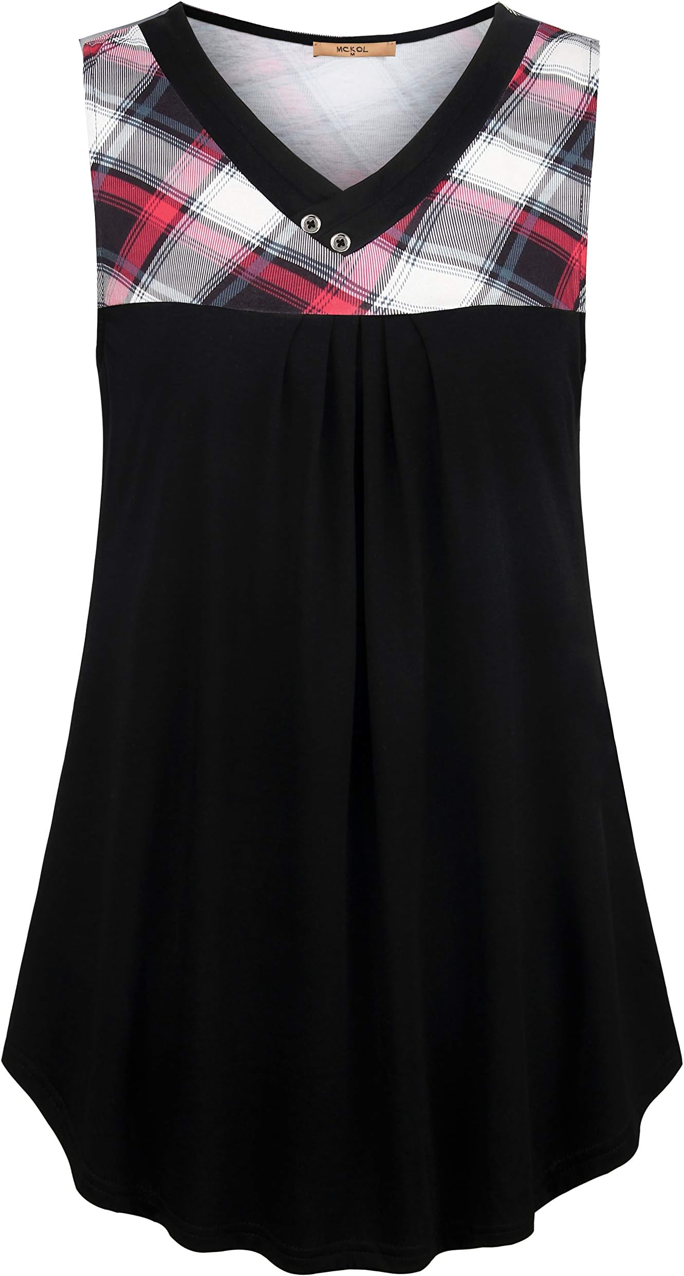 MCKOL Summer Tank Tops for Women,Ladies Sleeveless Tank Tunic Tops for Leggings V Neck Curved Hem Outfit Plaid Design Blouses Loose Fit Business Casual Work Clothes,Red Beige M