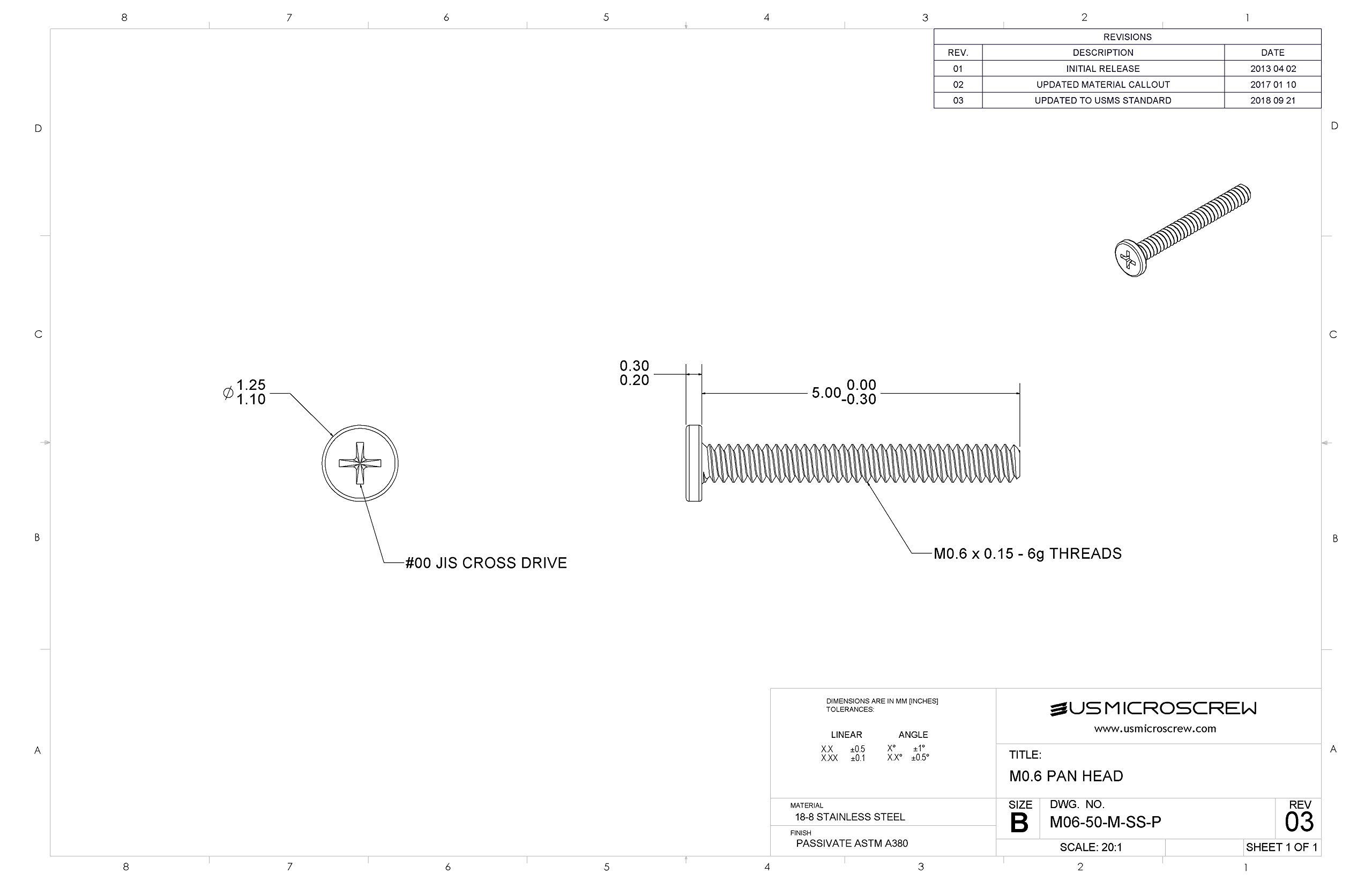 M0.6-0.15 x 5mm Machine Screw Stainless Steel Pan Head Phillips Drive (100 pcs) - M06-50-M-SS-P