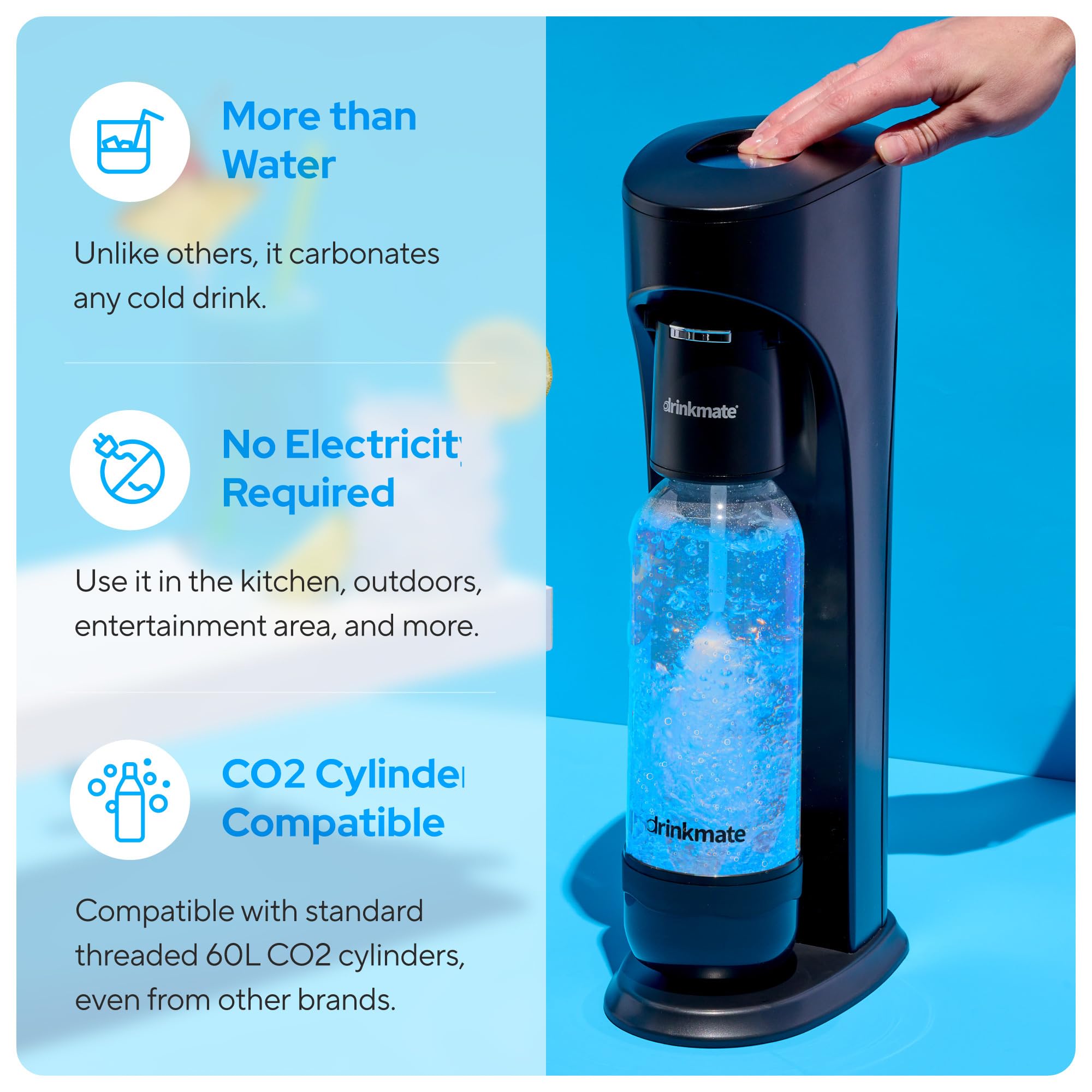 Drinkmate OmniFizz Sparkling Water and Soda Maker, Carbonates Any Drink, CO2 Cylinder Not Included (Matte Black)