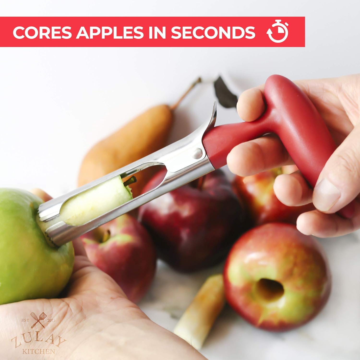 Zulay Premium Apple Corer - Easy to Use Durable Corer for Apples Pears, Bell Peppers - Stainless Steel - Red - Image 4