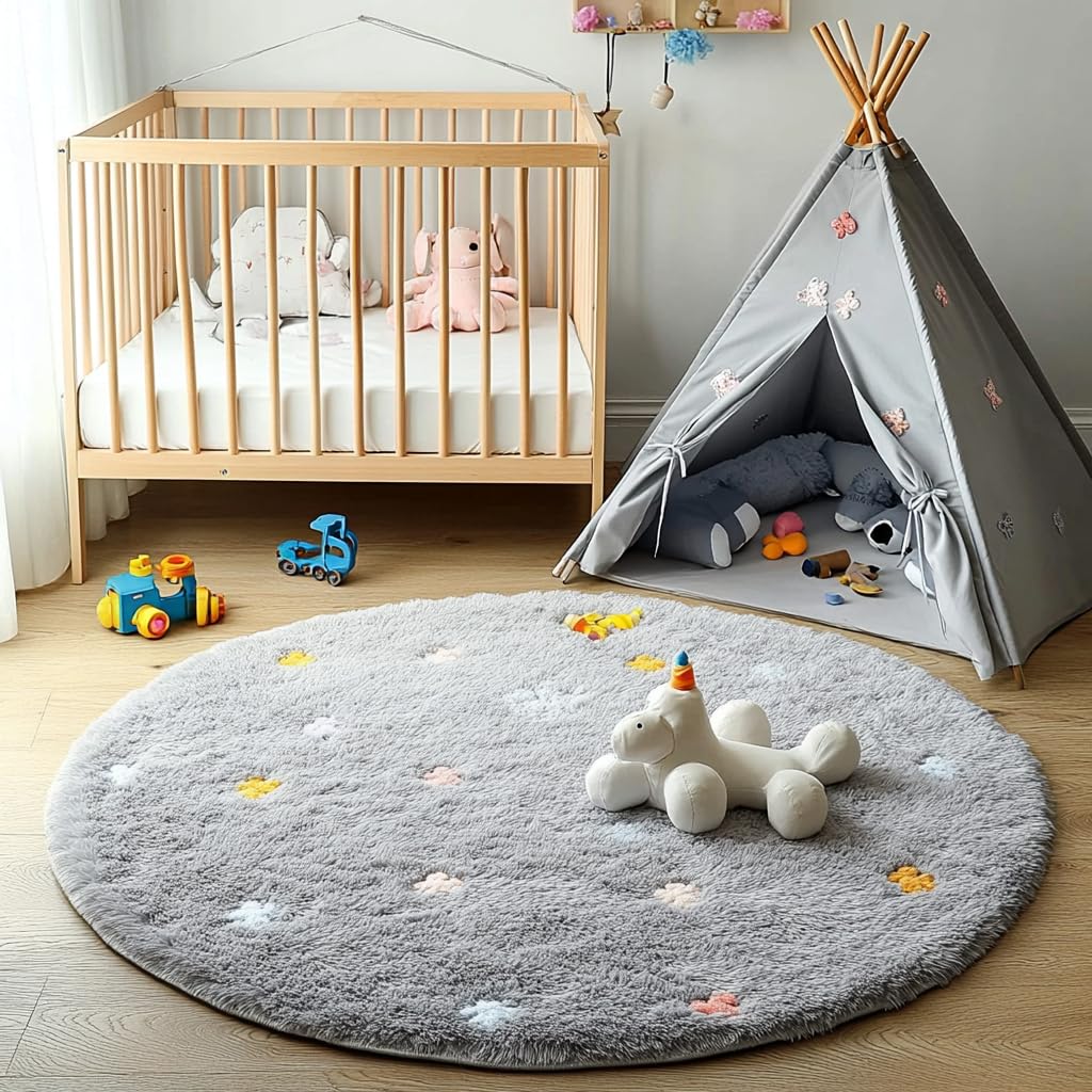 Tenekee Round Rugs for Bedrooms Fluffy Living Room Circle Area Rug Soft Shaggy Carpet for Kids Room Floor Mat (Grey, 80cm)