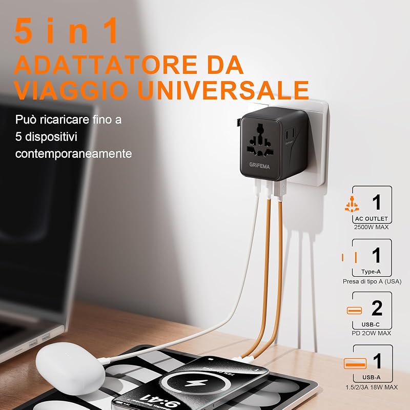 Adattatore universale da viaggio 5 in 1 20W PD — foto 2 di 8