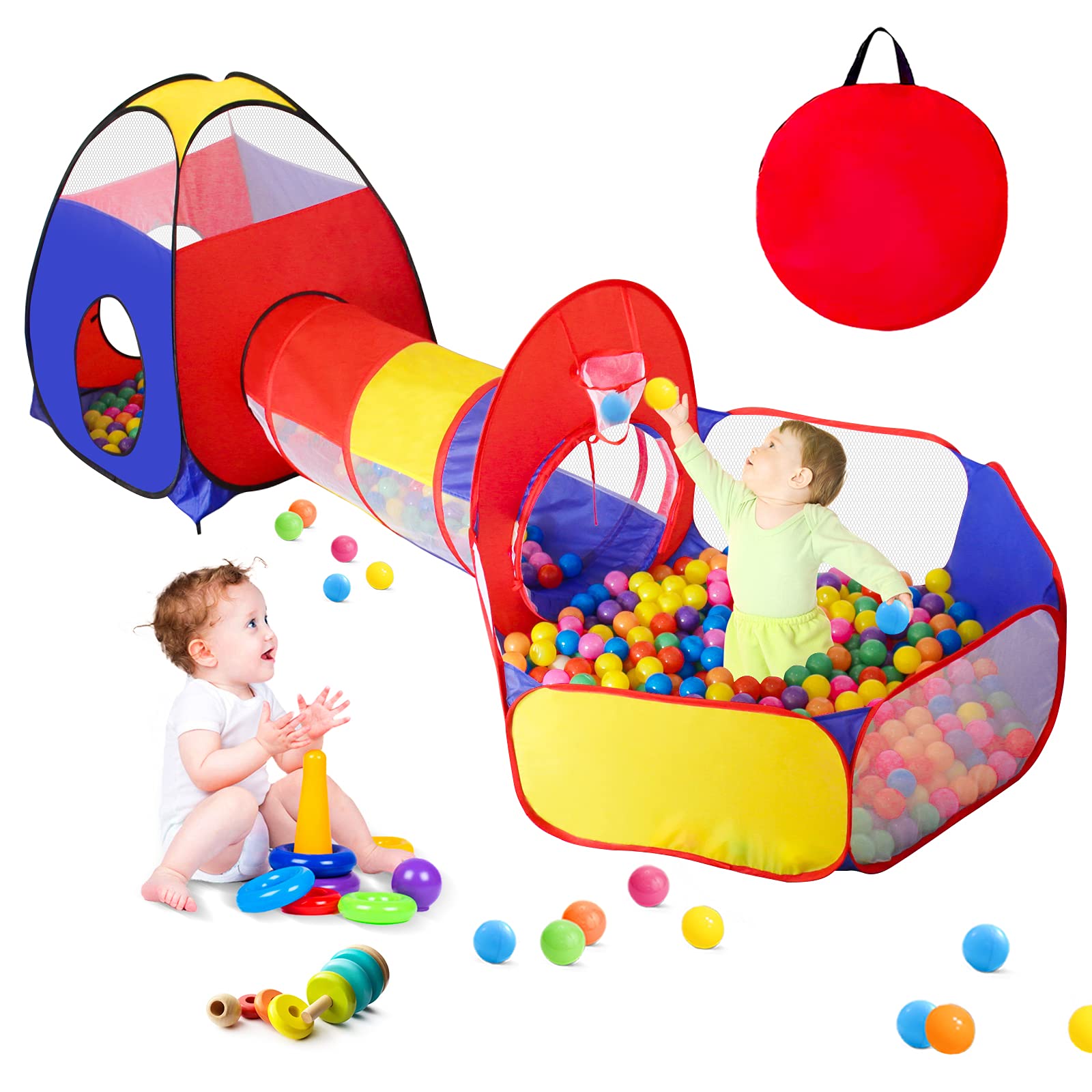 3 in 1 Kids Ball Pits for Toddlers with Play Tent and Baby Tunnel, Children Indoor Outdoor Playhouse with Crawling Tunnel, Boys and Girls Christmas Birthday Toys Gifts (No Balls)