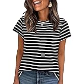 PEHEMA Women's Cotton Striped Short Sleeve T-Shirt - Soft Crew Neck Casual Summer Tops for Work Weekend