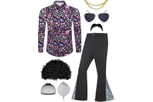 Lydoesy 70s Disco Outfit for Men 70s Costume with Retro Shirt Bell Bottom Pants Wig Sunglasses Necklace Mustache