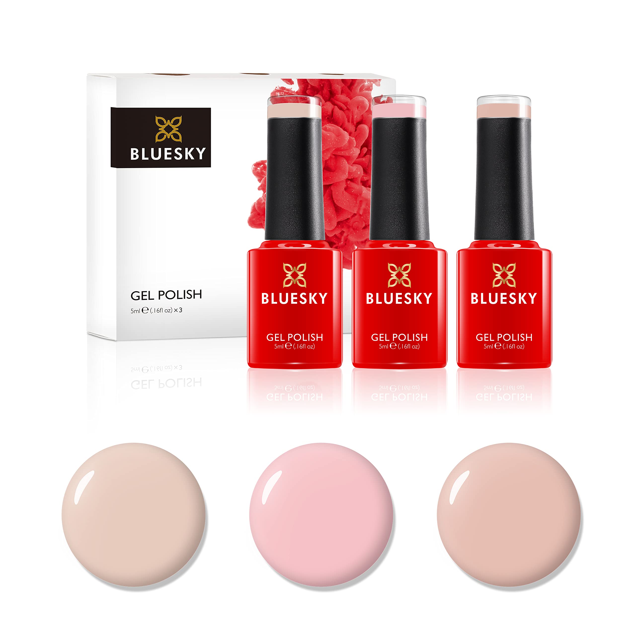 Bluesky Gel Nail Polish Set, Soft Nudes, Sun Cream A082, Lap Dance Nd12, Powder My Nose 80567, 3 x 5 ml, Pink, Nude, Pastel (Requires Curing Under UV or LED Lamp)