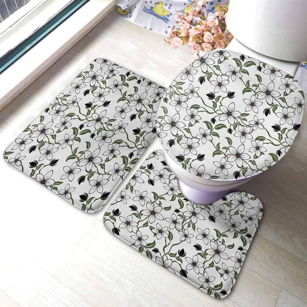Amazon.com: Floral 3 Piece Bathroom Rugs Set Floral Arrangement with Leaves Petals and Buds ...