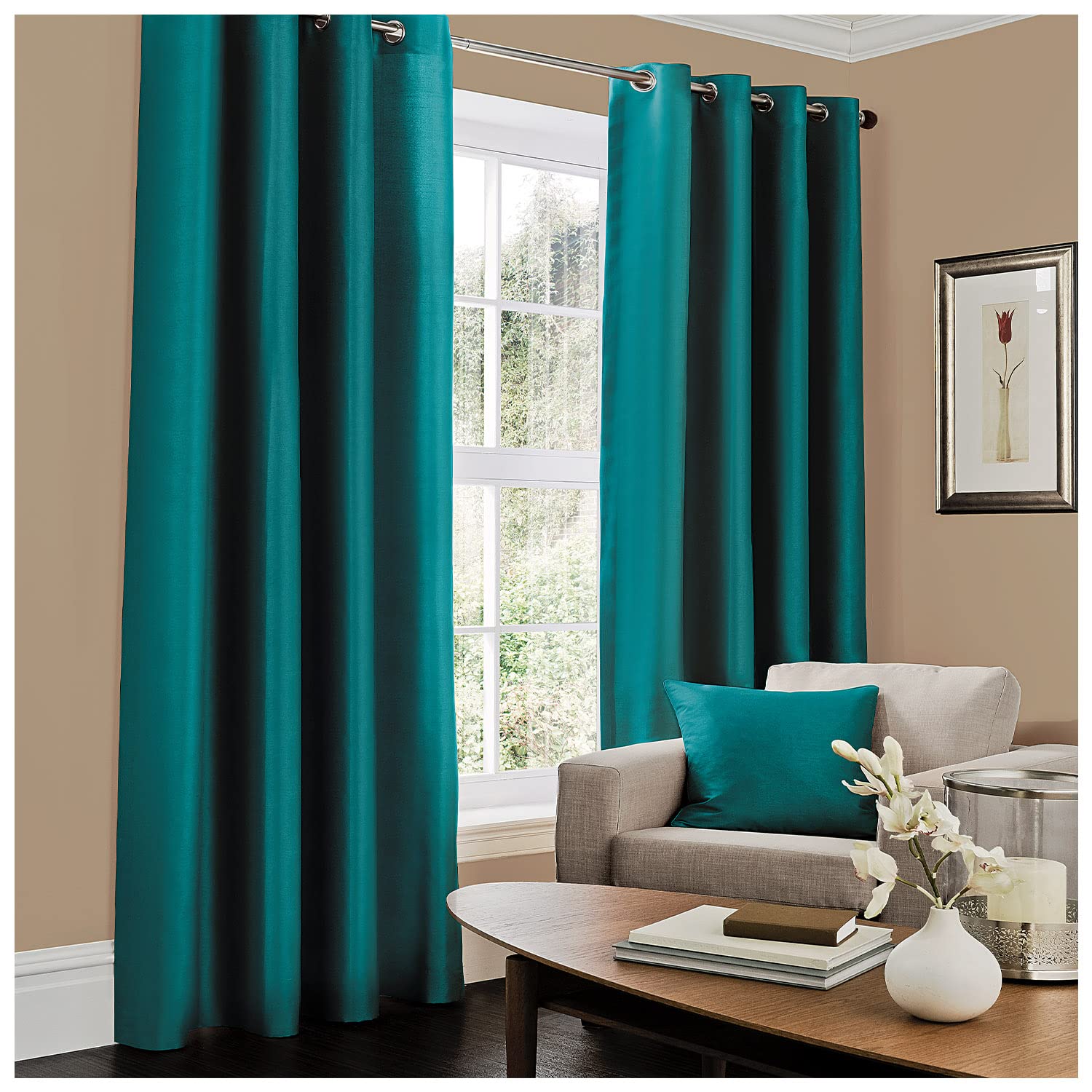 GC GAVENO CAVAILIA Plain Faux Silk Eyelet Curtains, Polyester, Teal, 66x72 Inches — image 1