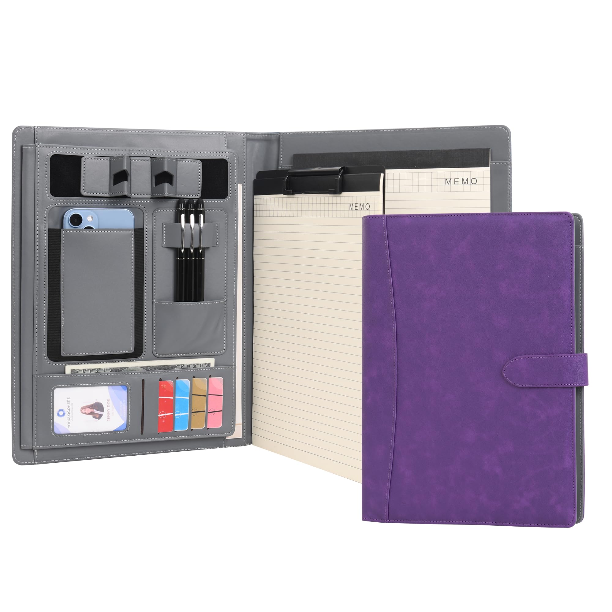 Wason Portfolio Padfolio A4 Leather PU Holder File Document Case with Writing Pad and Removable Clipboard for Organizer Office School Travel (Purple)