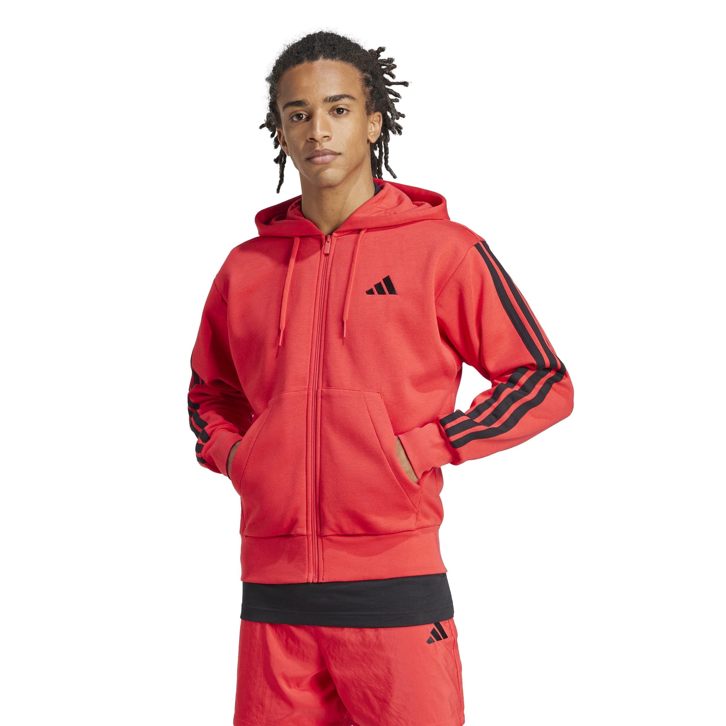 adidas Men’s Essentials 3-Stripes Fleece Full-Zip Hooded Track Top, Pure Ruby/Black, X-Large