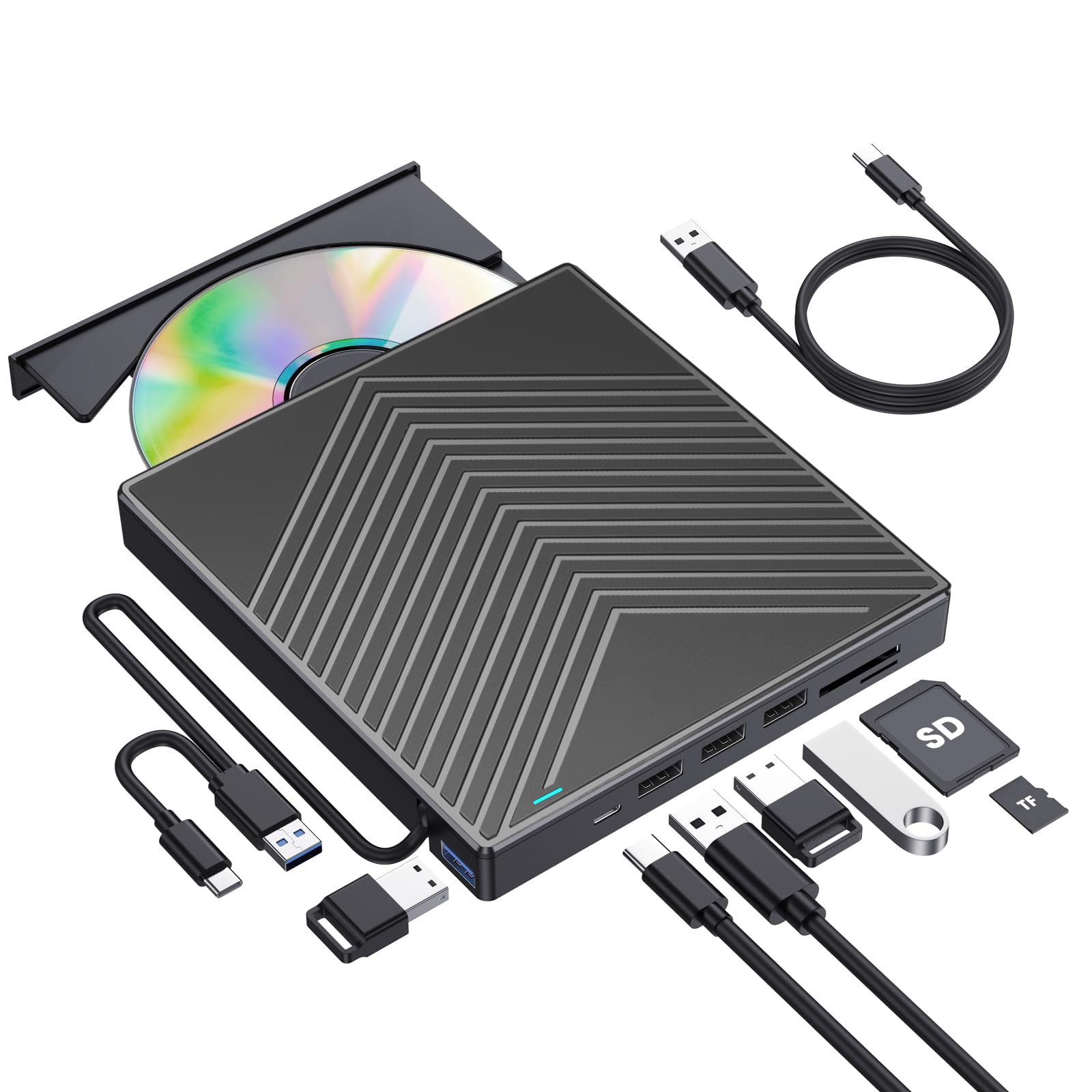ROOFULL External CD DVD Drive, CD Burner DVD Player USB 3.0 with 4 USB Port Hub and 2 SD/TF Card Reader, USB-C CD/DVD-ROM +/-RW Disk Drive Adapter Writer for Laptop PC Mac Windows 11/10/8/7 Linux OS