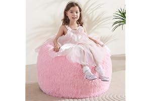 WSOFRLAC Bean Bag Cover (No Filler), Stuffed Animal Storage Bean Bag Covers for Kids, Soft Faux Fur Washable Cover with Pocket Handle, Comfy Fluffy Beanbag for Organizing Plush Toys, 27"x21" Pink