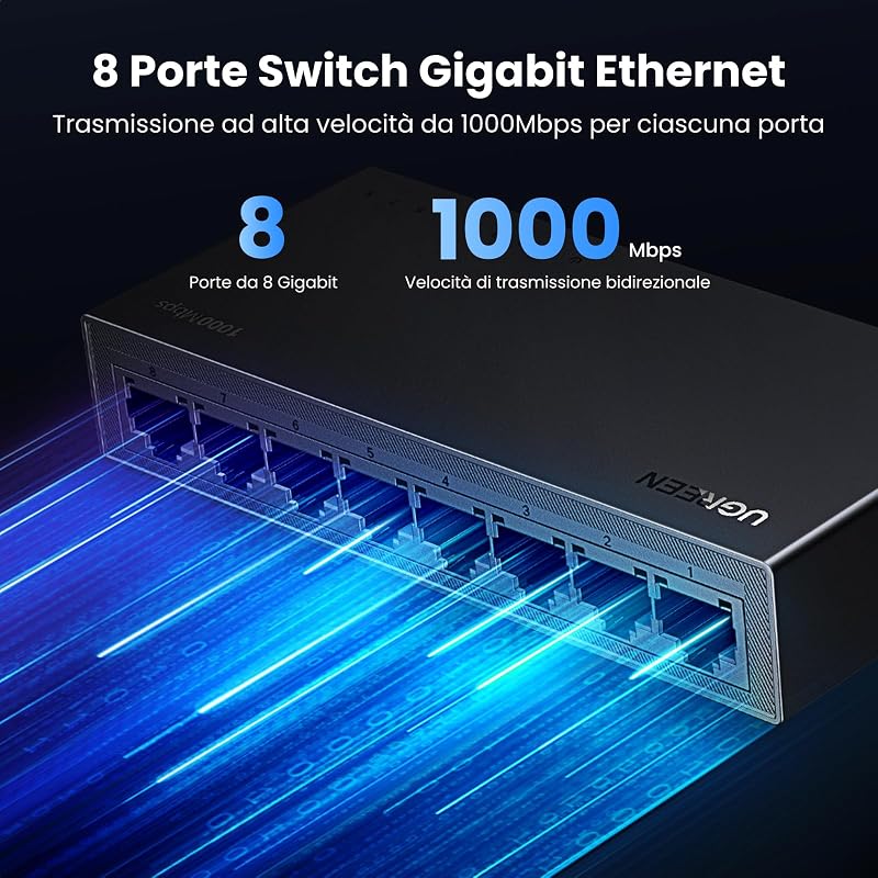 Switch di Rete Ethernet 8 Porte Velocità 10/100/1000 Mbps
