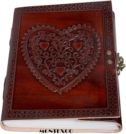 Amazon レザー世界ltd 大きなヴィンテージハートエンボス加工レザージャーナル Instagramフォトアルバム ハンドメイド紙 Coptic Bound With Lock Closure ノート 文房具 オフィス用品