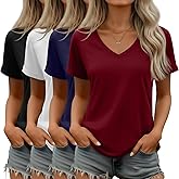 Riyiper 4 Pack Women's V Neck T Shirts, Summer Casual Short Sleeve Tops Loose Rolled Sleeve Tees Trendy Shirts
