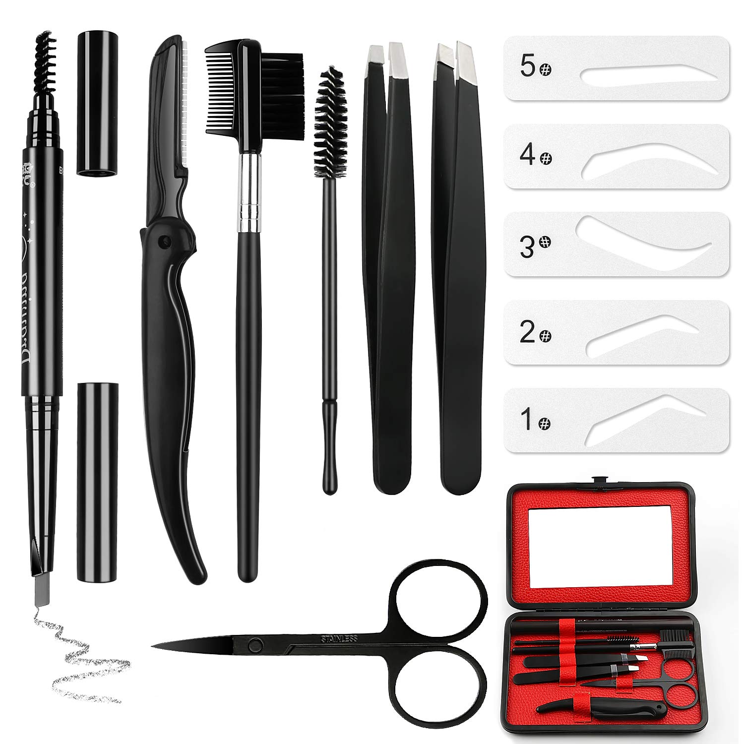Eyebrow Grooming Suit Kits - 13 PCS Stainless Steel Eyebrow Scissors Utility Tools, Professional Eye Brow Groom Set with Eyebrow tweezers, Shaping Razor, Pen, Brush, DIY Shape Card (GREY)