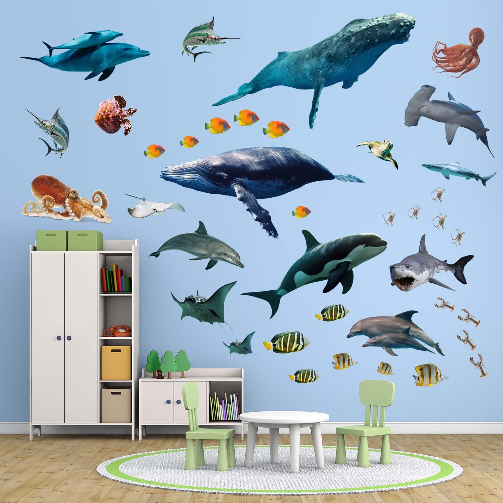 PinkEleph Under The Sea Fish Wall Stickers - Whale Shark Squid Ocean Animals Wall Decals - Baby Nursery Kids Boy Girls Room Bedroom Bathroom Daycare Playroom Classroom Wall Decor