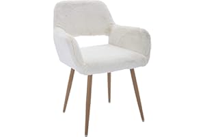 KCC Furry Desk Chair, Mid-Century Modern Accent Comfy Armchair with Faux Fur for Teen Girls, Wood Look Metal Legs Living Dining Room, Home Vanity Makeup Office No Wheel, White.