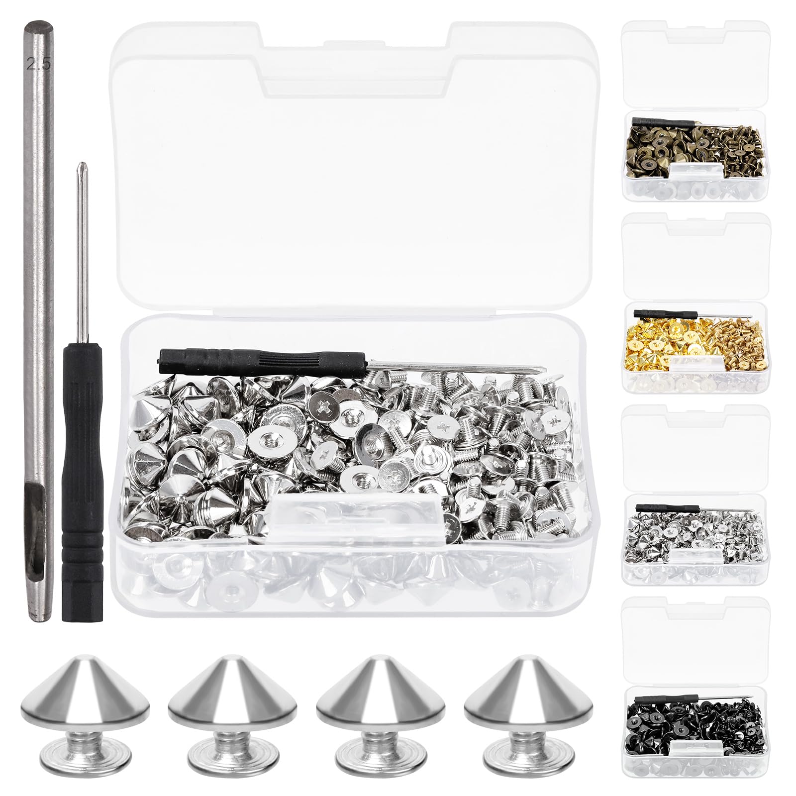 Swpeet 102Pcs Silver Color Cone Spikes and Studs Kit with Hole Punch and Screwdriver, Back Leather Craft Rapid Rivet Screws, Spikes Bullet Cone Spikes Screw for Clothing Shoes Leather Craft