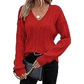 SHEWIN Womens Sweaters Casual V Neck Long Sleeve Cable Knit Crochet Sweater Spring Outfits for Women 2026