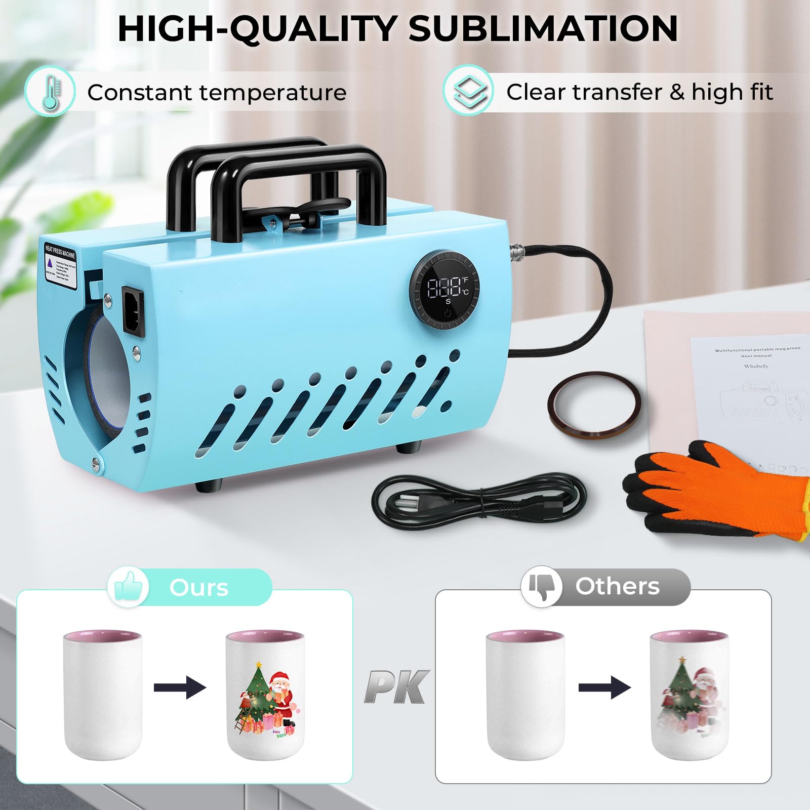 Whubefy Tumbler Press Mug Press for 11-30OZ Sub Tumbler Glass Jar Can Coffee Ceramic Mugs,Cup Heat Press with Heat Tape, Gloves Sublimation Paper,Tumbler Heat Press Machine,Blue