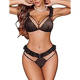 Avidlove Sexy Lingerie for Women 2 Piece Bra and Panty Sheer Lingerie Set Mesh Bra with Panties Ruffle Trim Light Black M