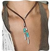 Turquoise Necklace, Boho Western Choker Necklaces for Women, Handmade Real Leather Cord Necklace for Turquoise Jewelry
