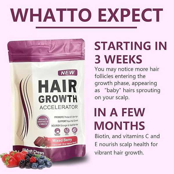 HAIR GROWTH GUMMIES,HAIR GROWTH BIOTIN SOFT CHEWS VITAMINS WITH BIOTIN,MIXED BERRY FLAVOR,TO PROMOTE THICKER,FULLER,STRONGER HAIR FOR MEN AND WOMEN,60 COUNT