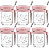 6 Pack Overnight Oats Containers with Lids and Spoons, 16 oz Glass Mason Overnight Oats Jars, Large Capacity Airtight Jars for Milk, Cereal, Fruit(Pink)