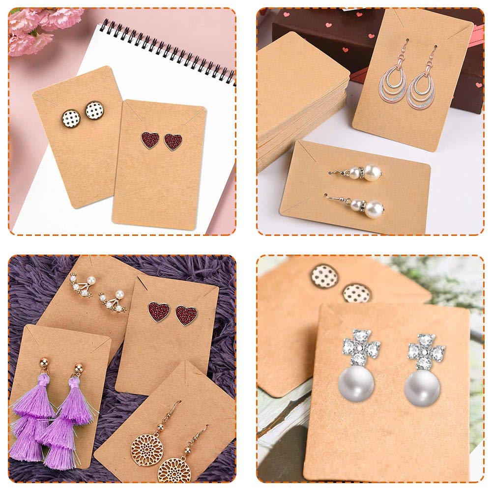 Anezus 100 Pcs Earring Display Cards with 200 Earring Backs and 100 Self-Sealing Bags for Earrings, Necklace & Jewelry Display, Kraft Color 3.5x2.4 Inches
