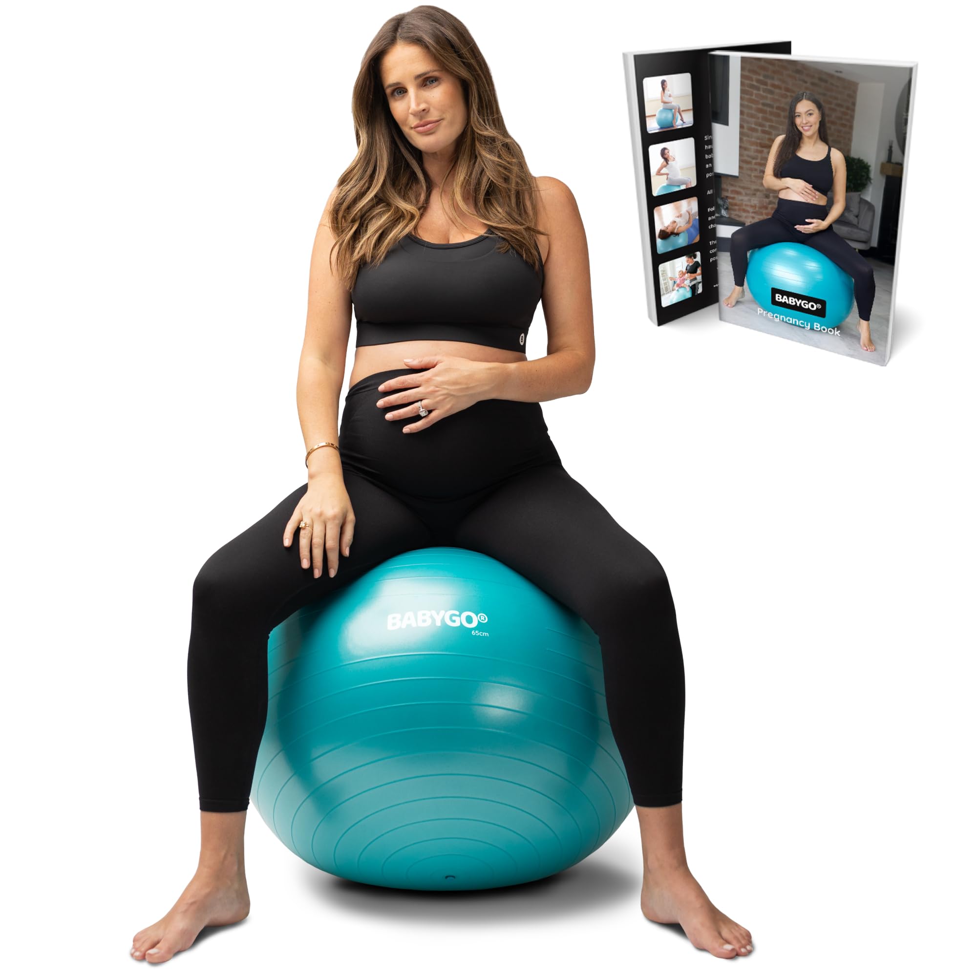 BABYGO® Birthing Ball For Pregnancy Maternity Labour & Yoga + Our 100 Page Pregnancy Book, Exercise, Birth & Recovery Plan, Anti-Burst Eco Friendly Material (Turquoise, 65cm - Standard) — image 1
